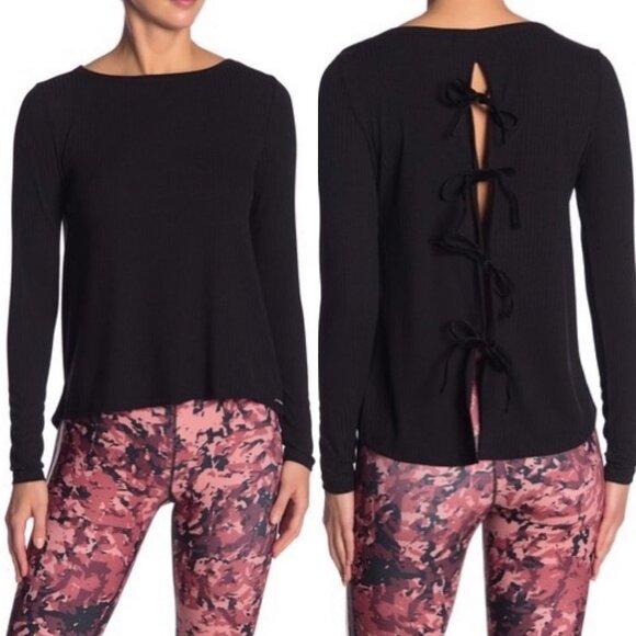 Avec Les‎ Filles Black Tie Back Long Sleeve Ribbed Tee Womens Size Small Ribbons - Picture 1 of 8